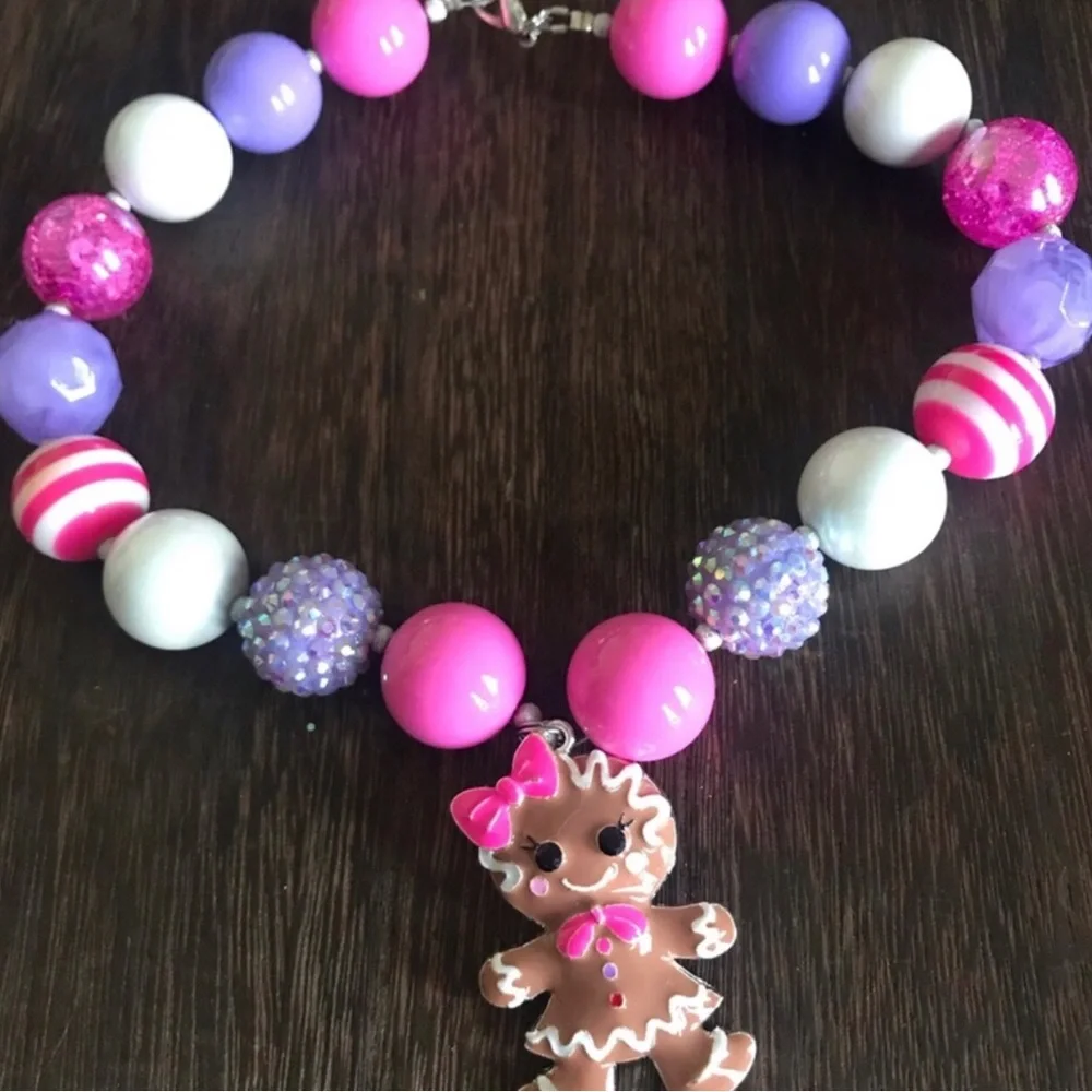 Kids Pink & Purple Gingerbread Charm Necklace - Cute Beaded Jewelry